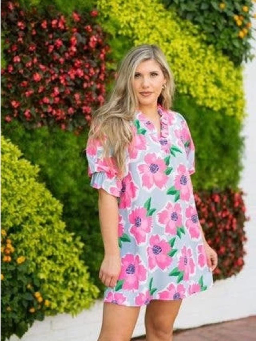 Michelle McDowell Pink Floral Puff-Sleeve Mini Dress, Small